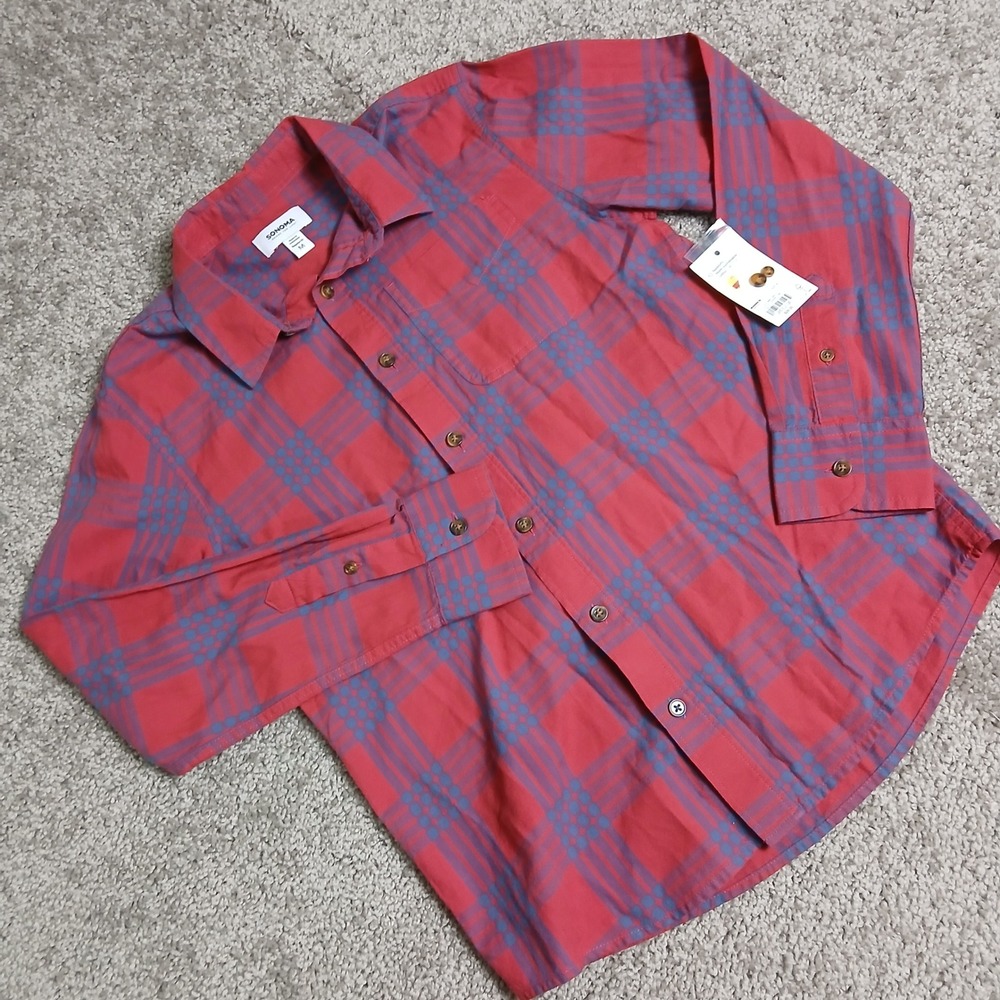 NWT Sonoma Boys Red Blue Plaid‎ Button Down Shirt Long Sleeve Size M ES32W111RR